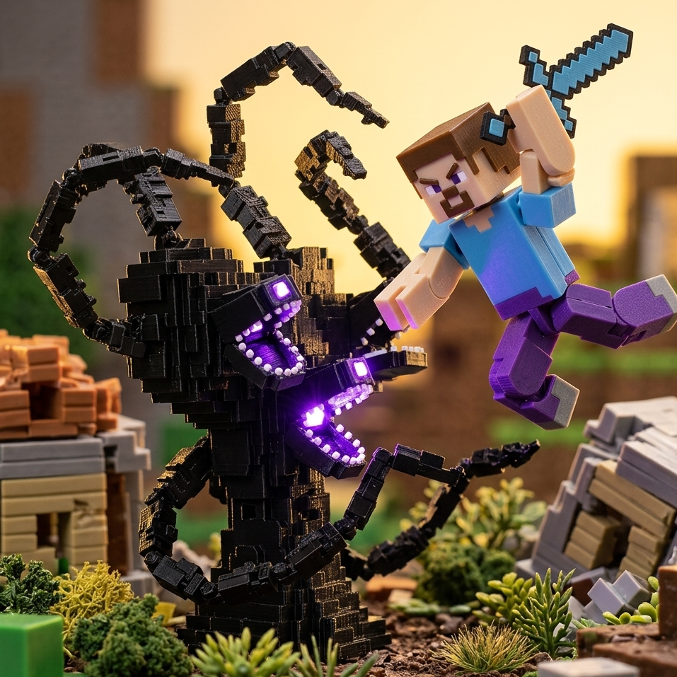 An epic Minecraft diorama of an all-out battle between Herobrine, Steve, and a massive Wither Storm