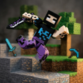 3D printed articulated voxel figure of a masked shadow warrior in purple and cyan armor leaping through a stone mountain biome with a pixelated sword.