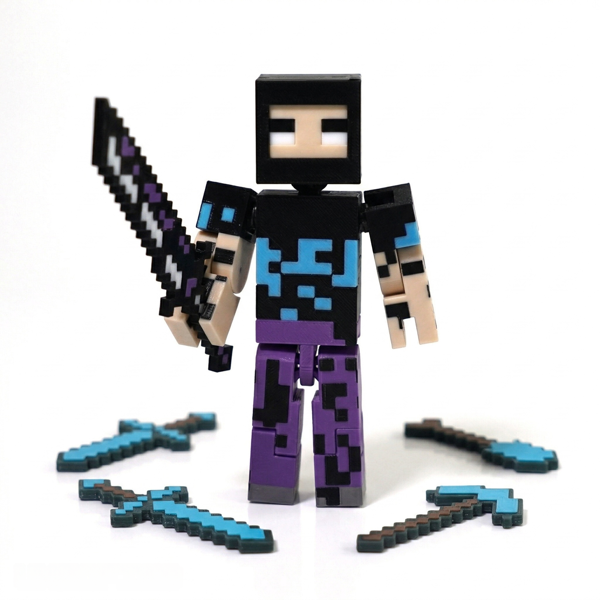 3D printed articulated voxel figure of a masked shadow warrior in purple and cyan armor leaping through a stone mountain biome with a pixelated sword.