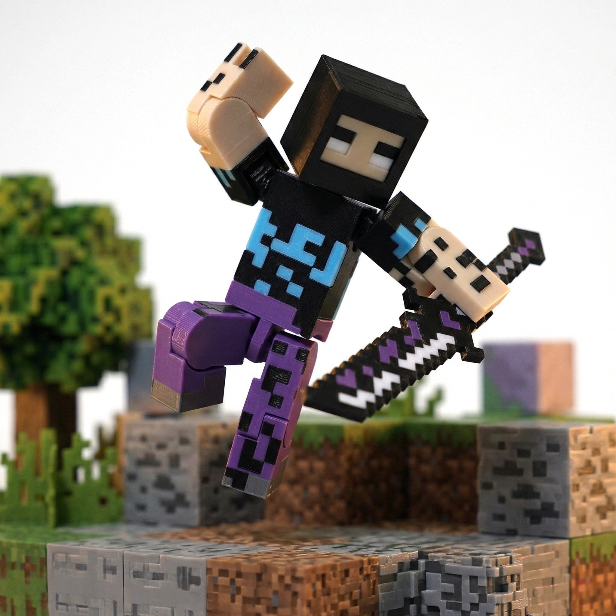 3D printed articulated voxel figure of a masked shadow warrior in purple and cyan armor leaping through a stone mountain biome with a pixelated sword.