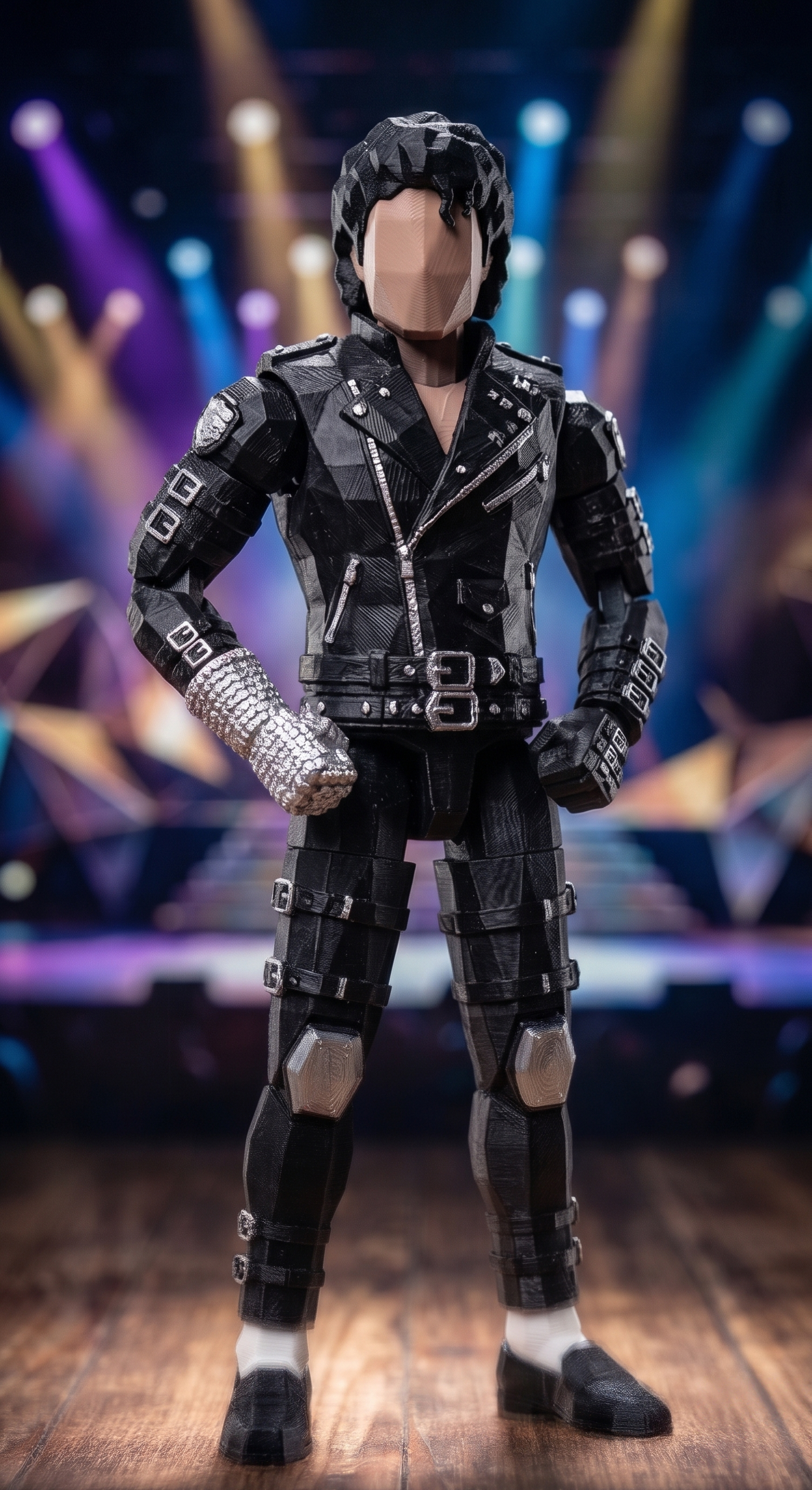 Low-poly 3D printed action figure of an 80s pop culture icon, featuring a black leather jacket with silver buckles, a single metallic glove, and a minimalist faceless geometric head. Visible FDM printing textures and spherical joints.
