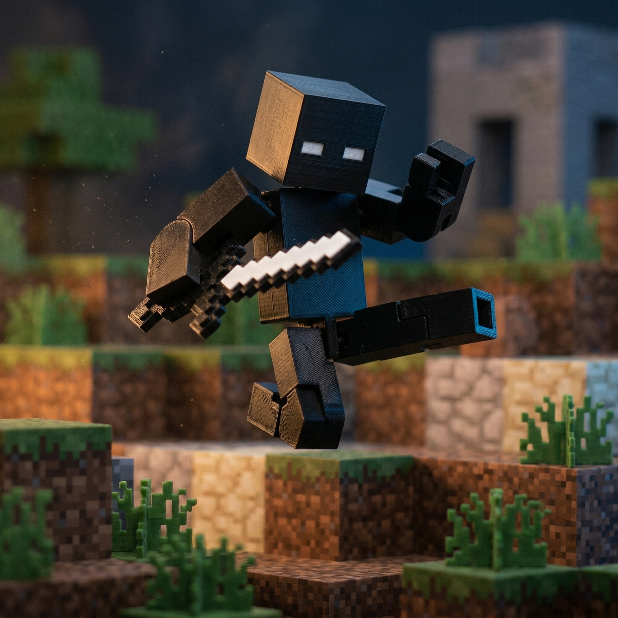 3D printed articulated voxel figure of a black entity with white eyes, in dynamic poses holding pixelated weapons, set against voxel biomes and white backgrounds.