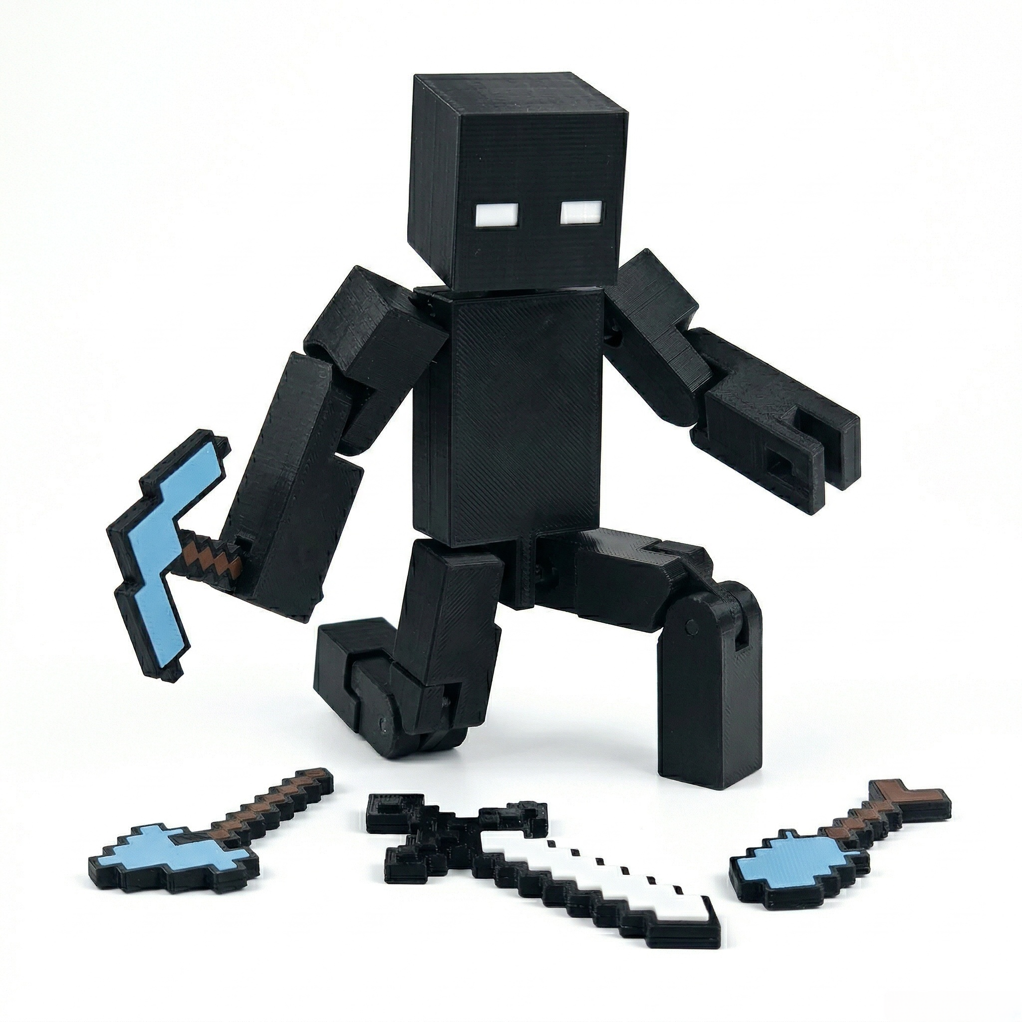 3D printed articulated voxel figure of a black entity with white eyes, in dynamic poses holding pixelated weapons, set against voxel biomes and white backgrounds.