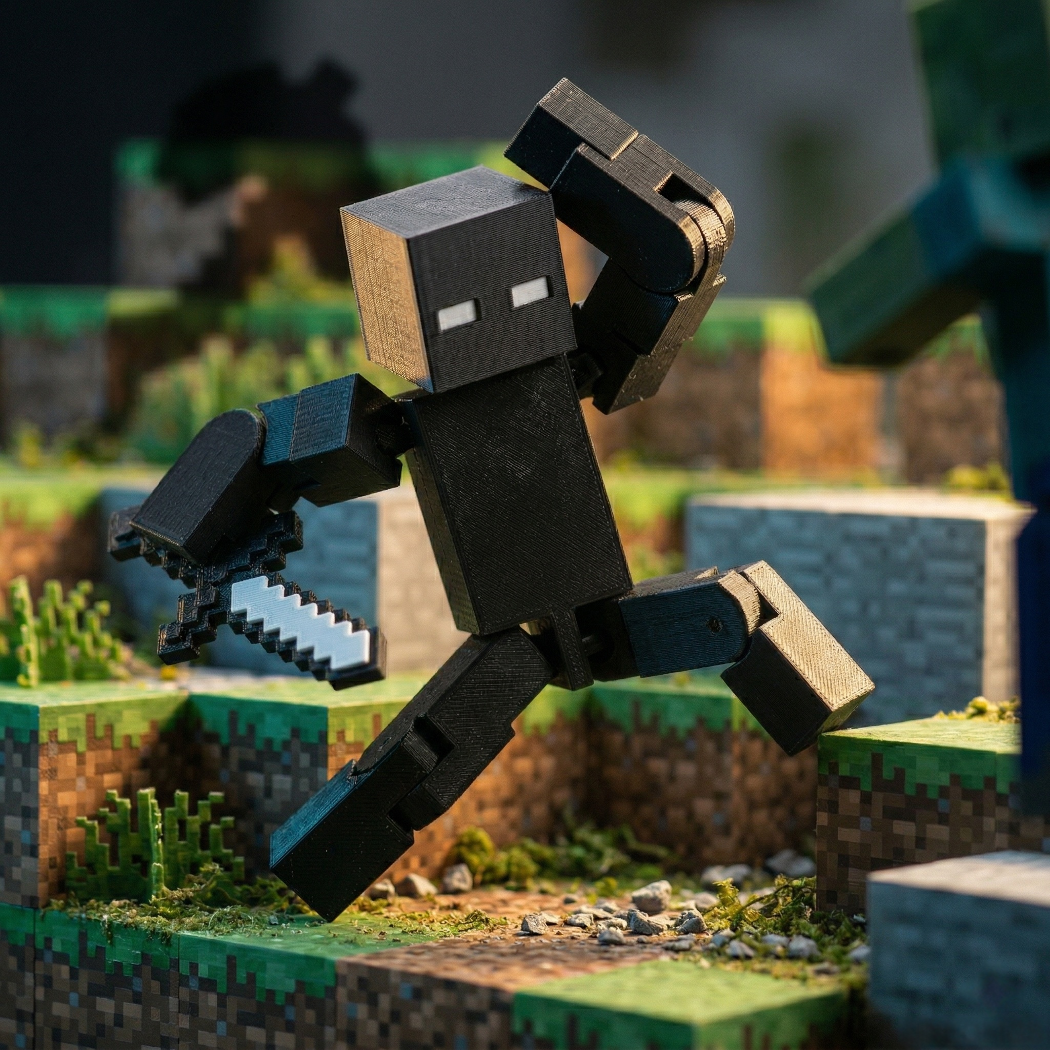 3D printed articulated voxel figure of a black entity with white eyes, in dynamic poses holding pixelated weapons, set against voxel biomes and white backgrounds