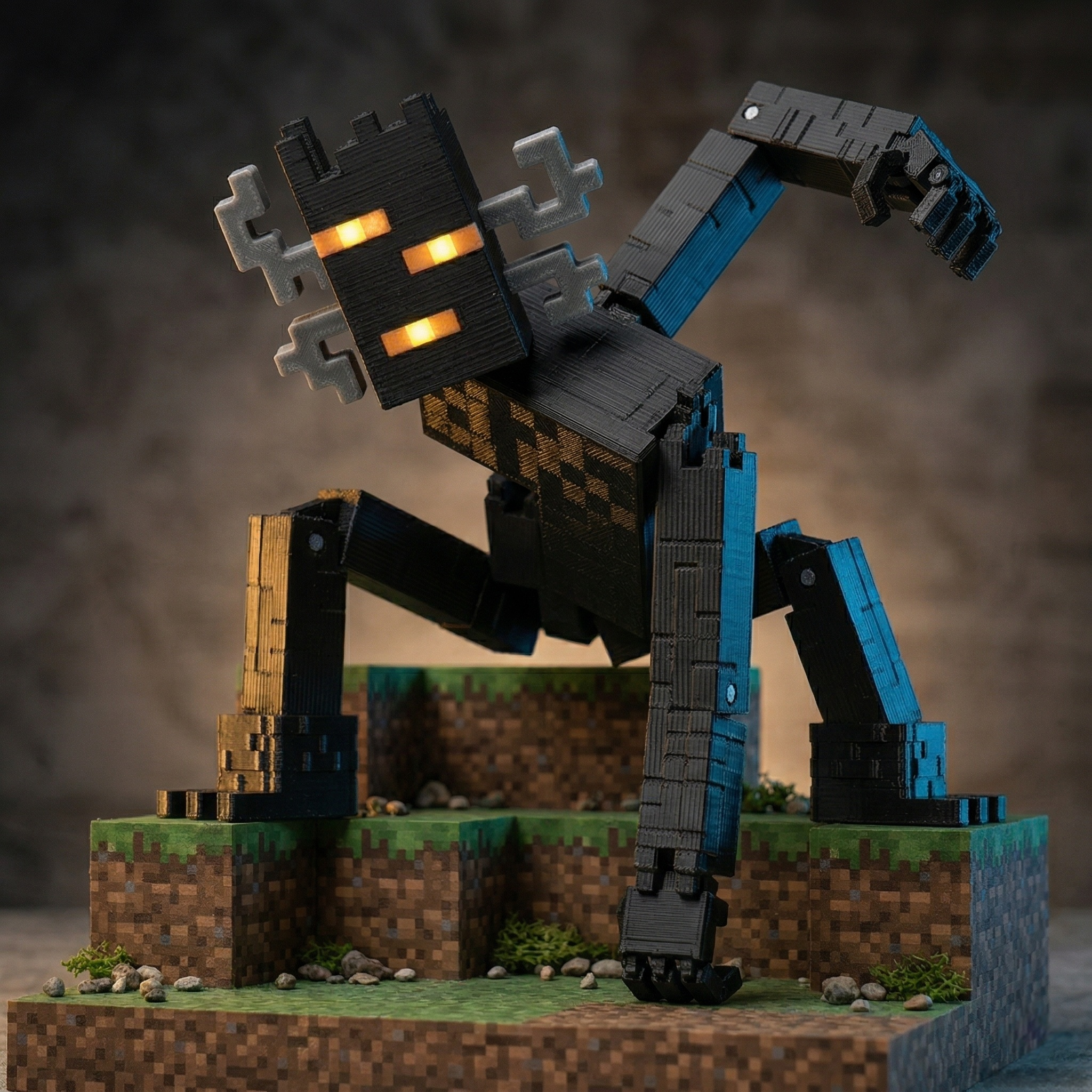 3D printed articulated voxel figure of a female pixel explorer with orange hair and a green shirt, in a dynamic running pose holding a blue sword and map, on a seamless white background.
