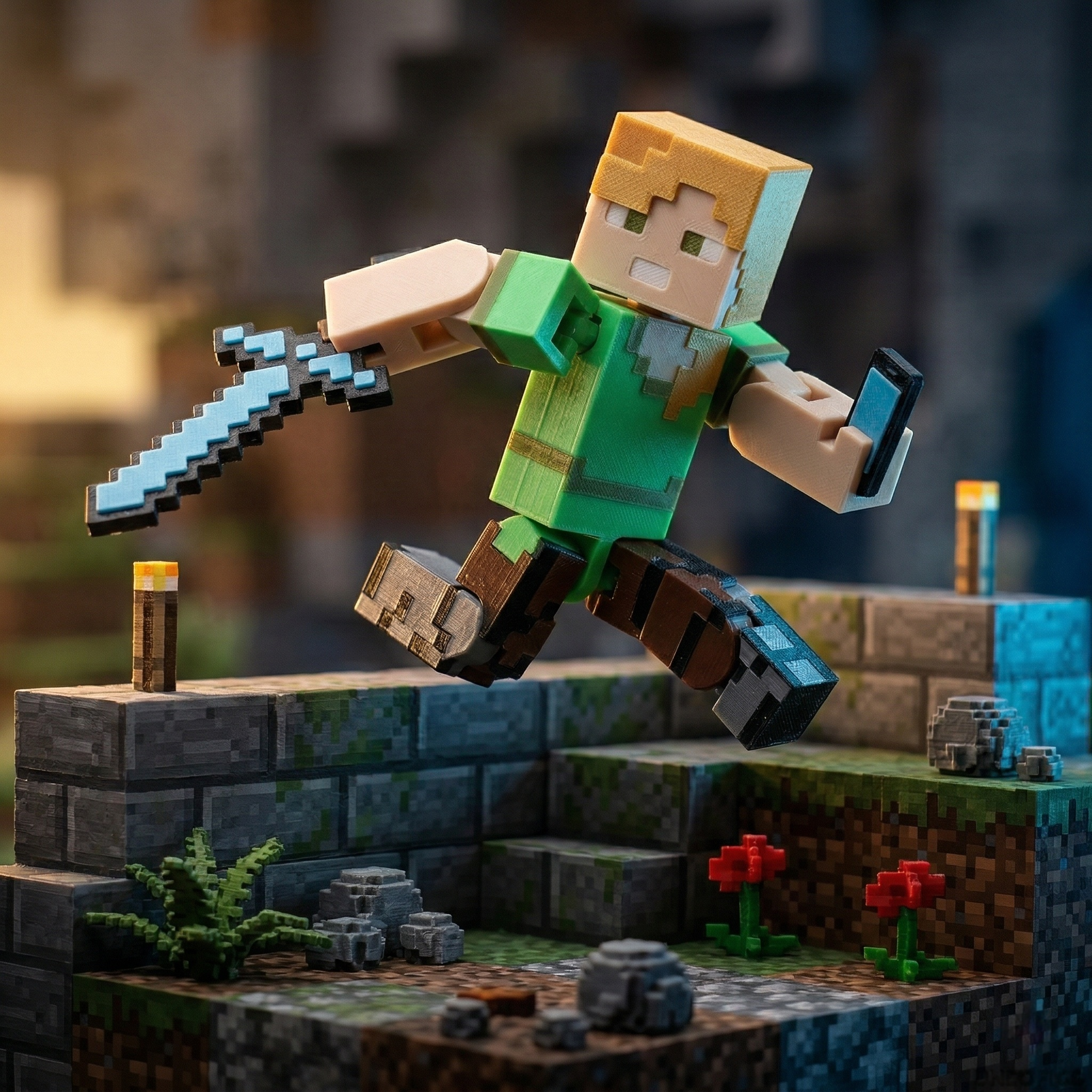 3D printed articulated voxel figure of a female pixel explorer with orange hair and a green shirt, in a dynamic running pose holding a blue sword and map, on a seamless white background.