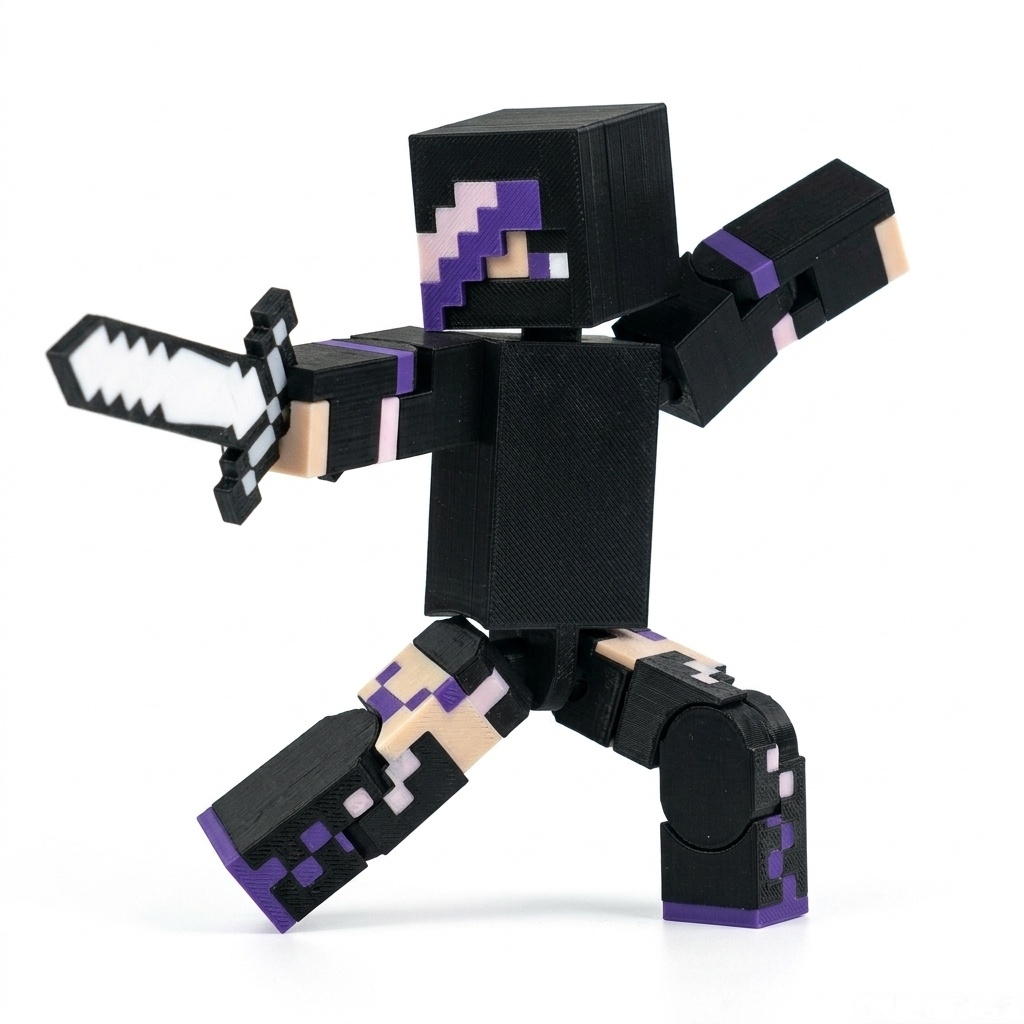 3D printed articulated voxel figure of an edgy dark explorer with purple hair, in a dynamic leaping pose holding a white sword and blue pickaxe over a dirt block biome