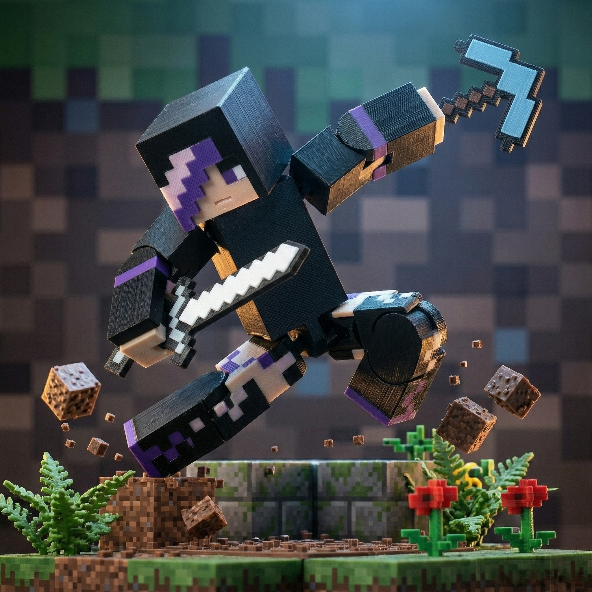 3D printed articulated voxel figure of an edgy dark explorer with purple hair, in a dynamic leaping pose holding a white sword and blue pickaxe over a dirt block biome