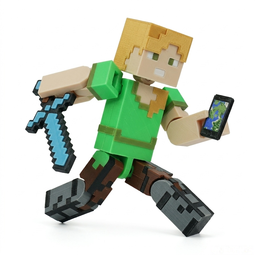 3D printed articulated voxel figure of a female pixel explorer with orange hair and a green shirt, in a dynamic running pose holding a blue sword and map, on a seamless white background.