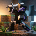 3D printed articulated voxel figure of an edgy dark explorer with purple hair, in a dynamic leaping pose holding a white sword and blue pickaxe over a dirt block biome