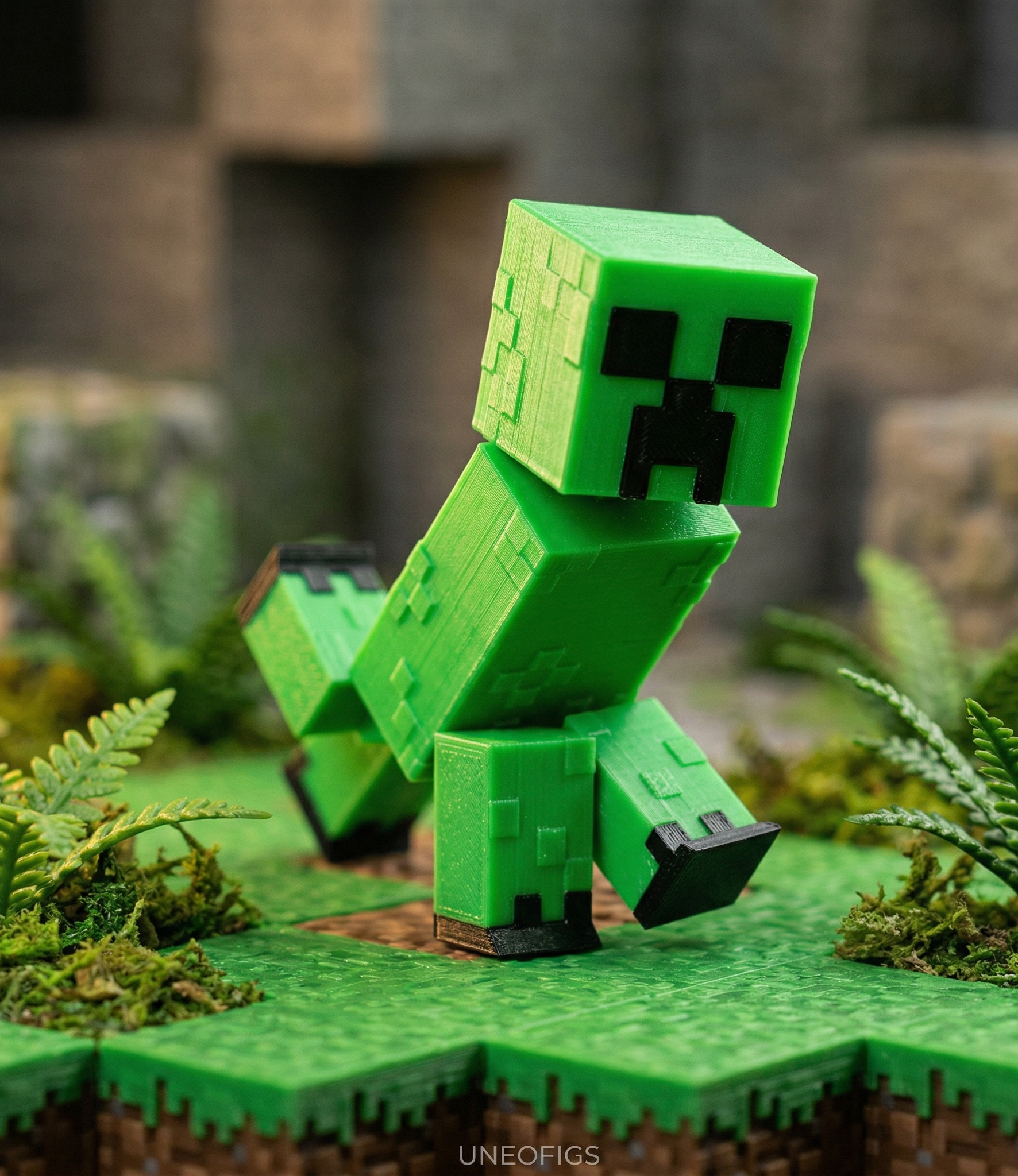 3D printed voxel action figure of a female adventurer with orange hair, wearing green and brown, holding a pixelated pickaxe and examining glowing ore in a blocky forest cave biome.