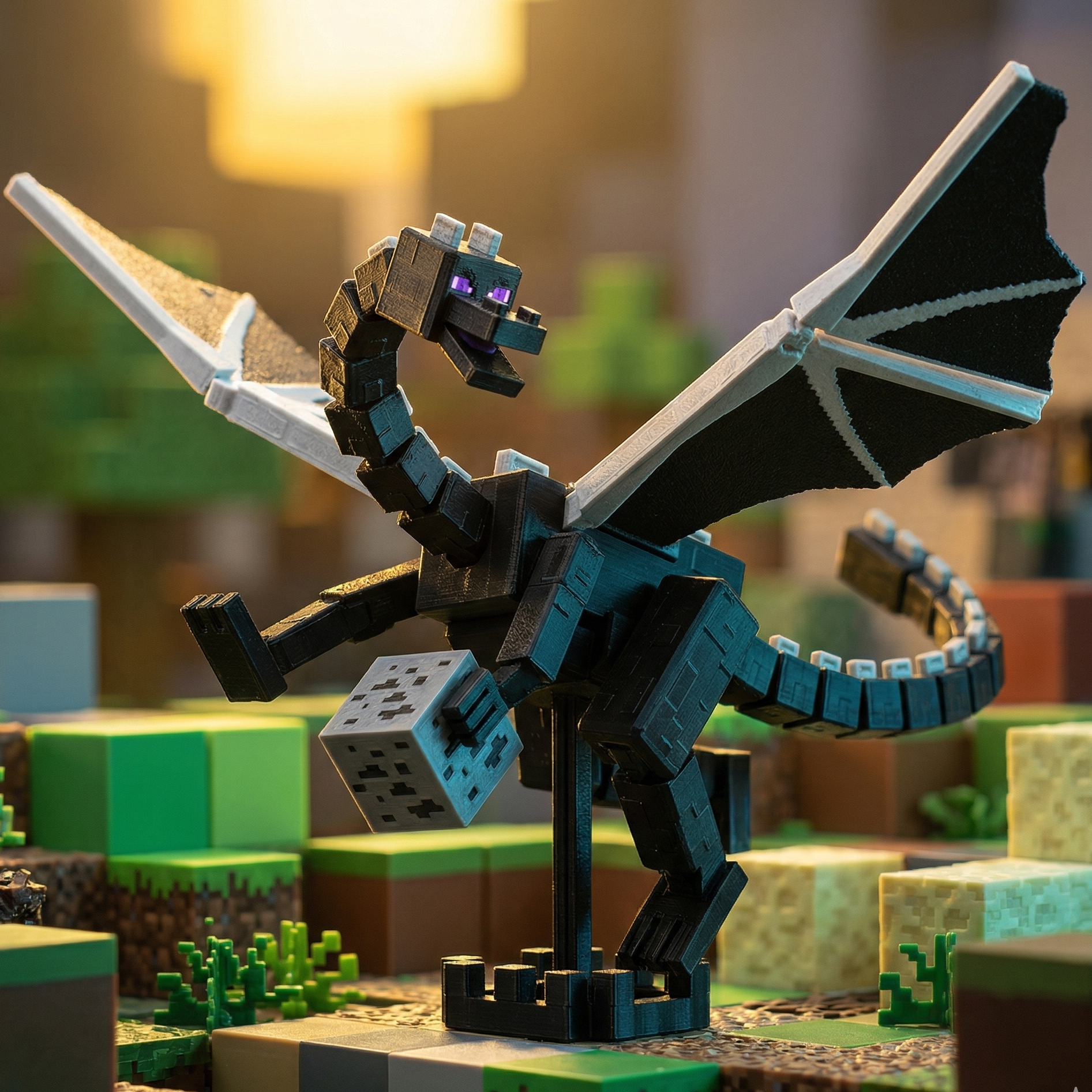 3D printed voxel action figure of an orange-suited ninja with blonde hair, holding a glowing blue Rasengan, standing in a blocky hidden village biome.