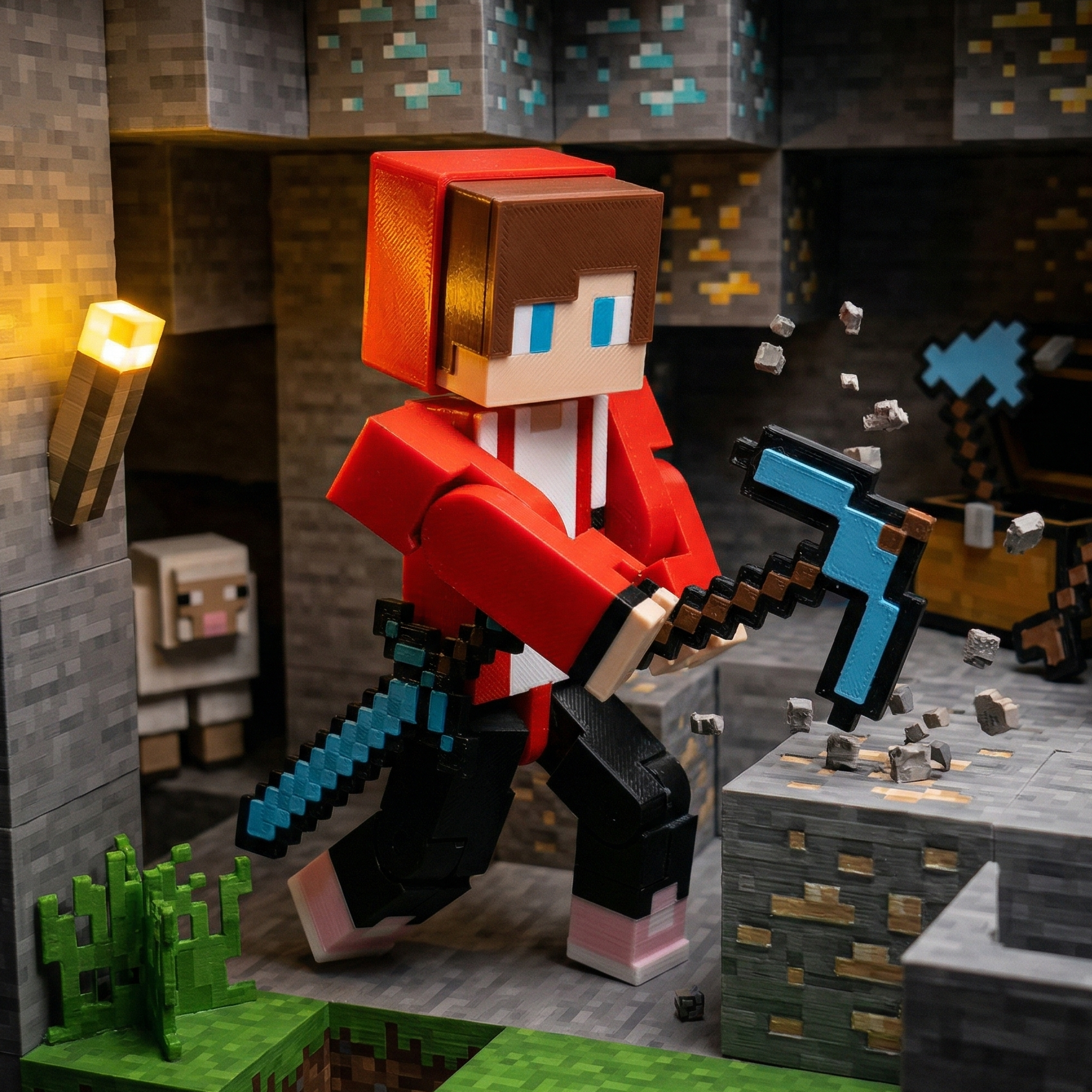 3D printed voxel boy figure wearing a red hoodie and black pants, holding a blue pixelated sword and pickaxe, articulated joints, set in various blocky voxel environments like mines and forests.
