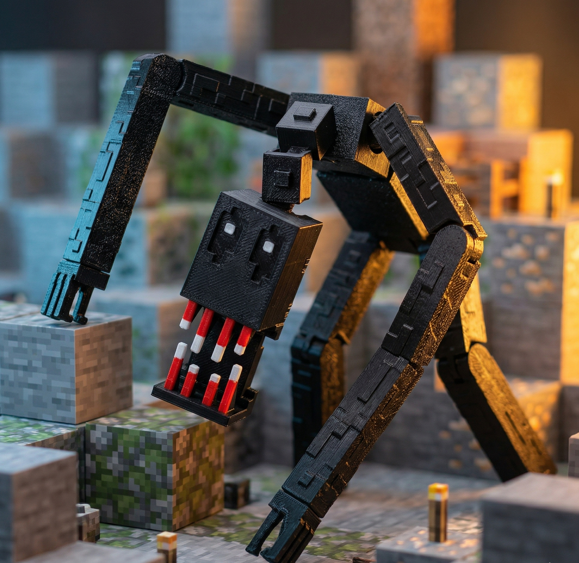 Crimson Fang Crawler Voxel Hero | 3D Printed Articulated Fidget Toy