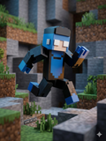 3D printed green segmented block figure (Creeper homage) holding a pixelated blue sword in a voxel cave environment.