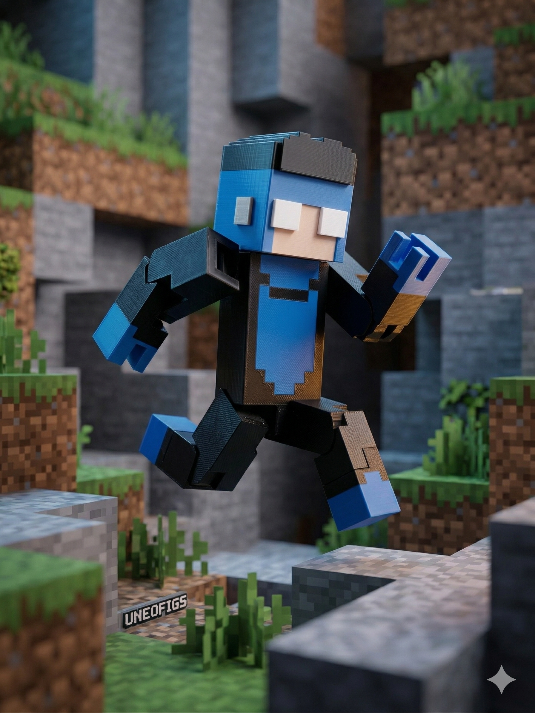 3D printed green segmented block figure (Creeper homage) holding a pixelated blue sword in a voxel cave environment.