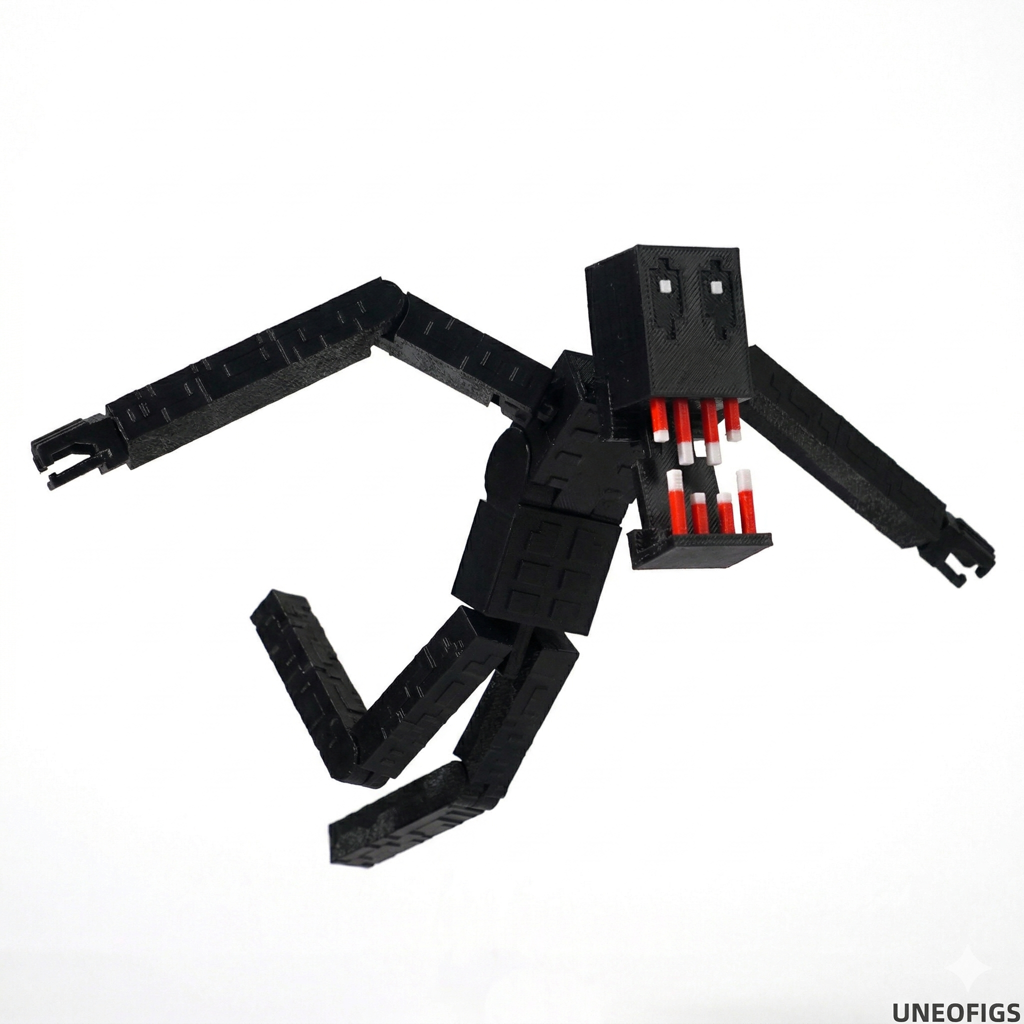 3D printed articulated voxel figure of a Crimson Fang Crawler in a quadrupedal lurking pose with red and white teeth and matte black finish.