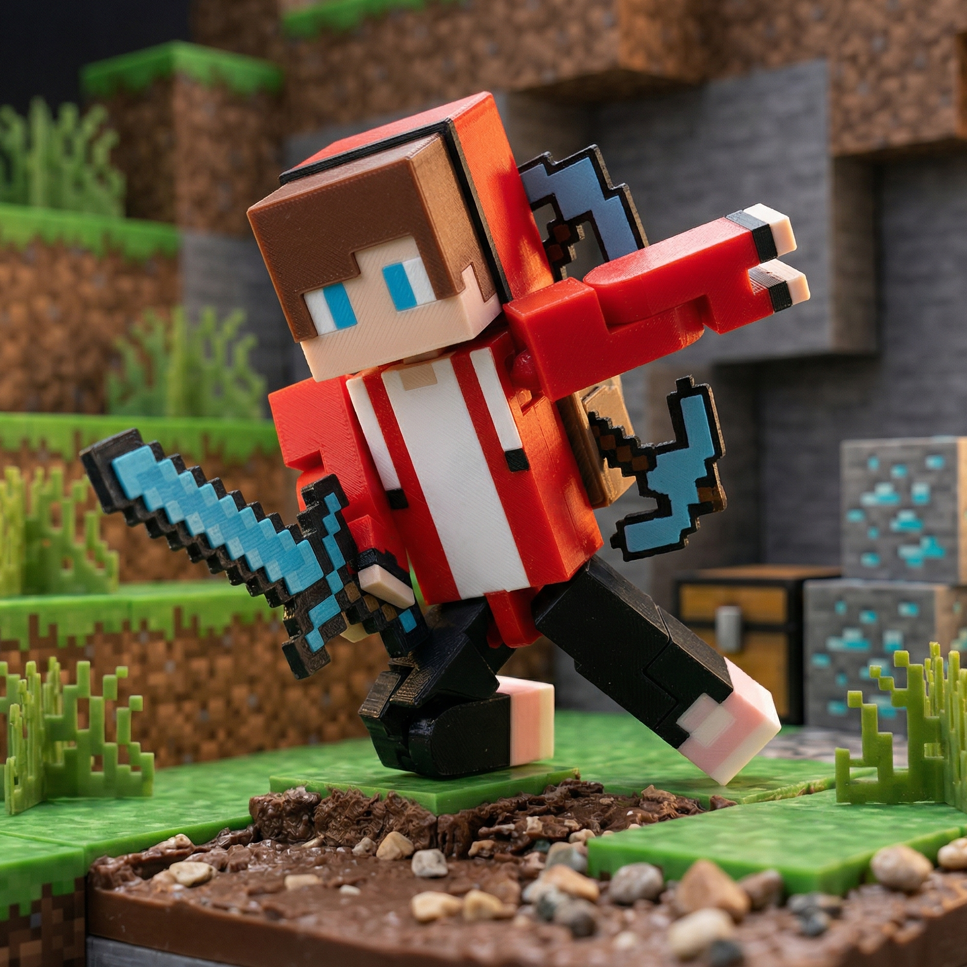 3D printed voxel boy figure wearing a red hoodie and black pants, holding a blue pixelated sword and pickaxe, articulated joints, set in various blocky voxel environments like mines and forests.