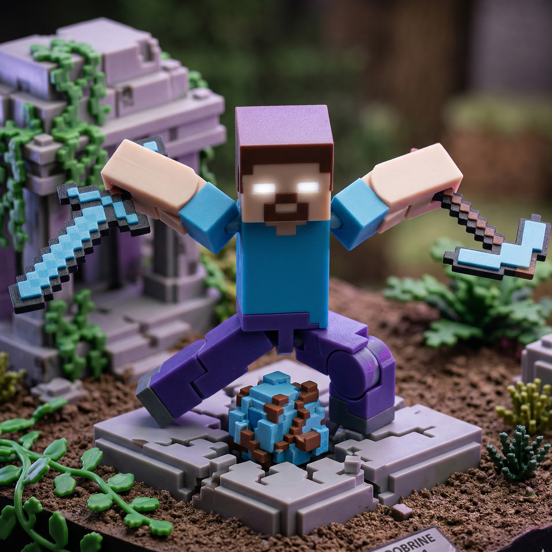 3D printed voxel action figure of an emerald-haired ronin pirate hunter with three swords, posed in a blocky forest biome environment. High-quality articulated fidget toy.