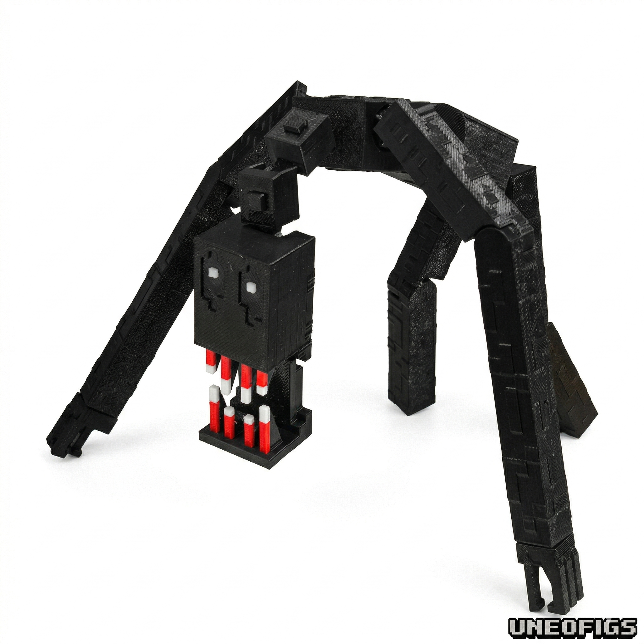 3D printed articulated voxel figure of a Crimson Fang Crawler in a quadrupedal lurking pose with red and white teeth and matte black finish.