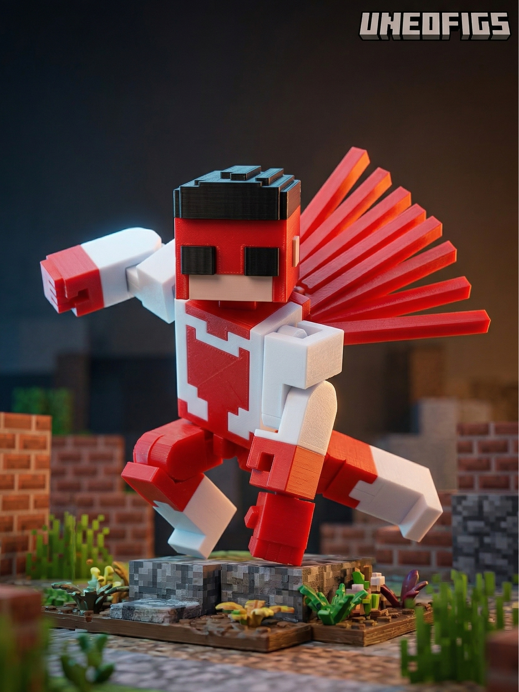 3D printed articulated voxel figures of superhero characters, including a blue and black suited hero (Invincible-style) and a red and white suited hero (Omni-Man style), posed in dynamic action stances within a blocky, pixelated mountain biome.