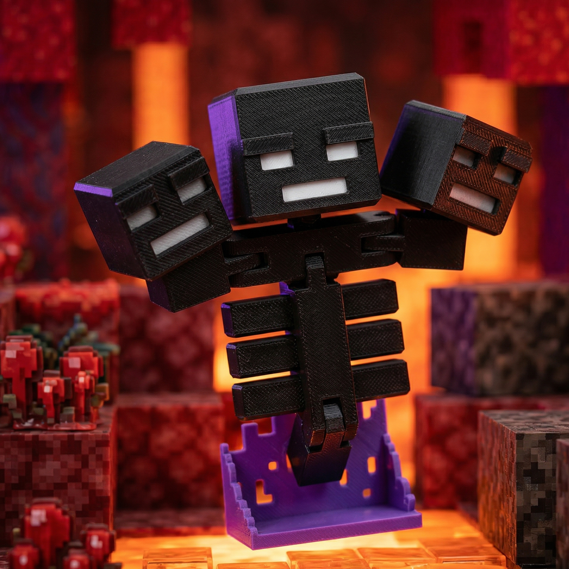 3D printed three-headed black voxel skeleton boss with white eyes and purple base, articulated joints, posed in a Nether-inspired blocky biome environment.