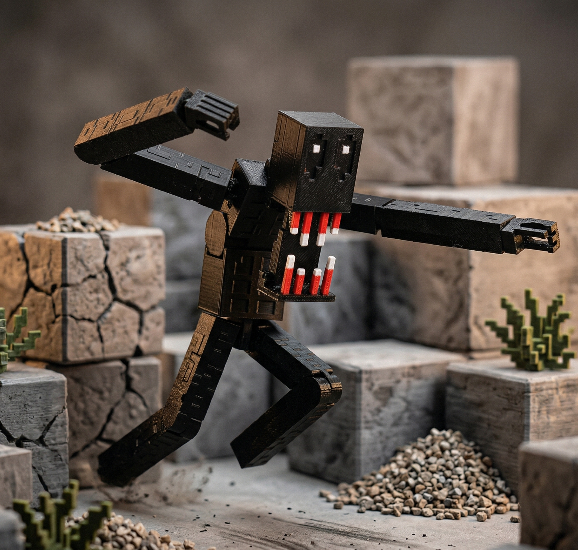 3D printed articulated voxel figure of a Crimson Fang Crawler in a quadrupedal lurking pose with red and white teeth and matte black finish.