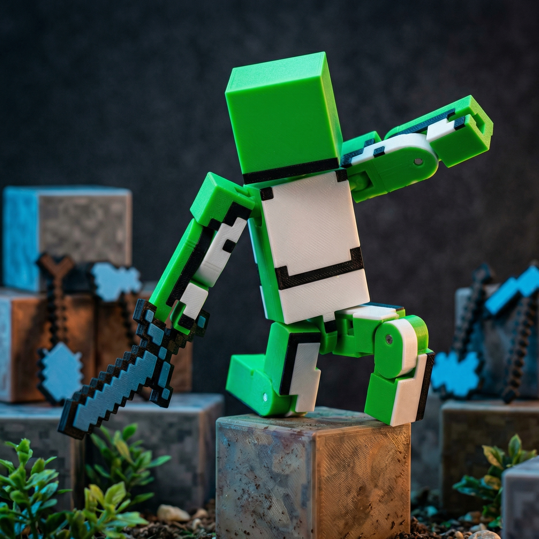3D printed green and white voxel action figure with sword, articulated toy for desk decor, Minecraft-inspired speedrunner fidget toy.