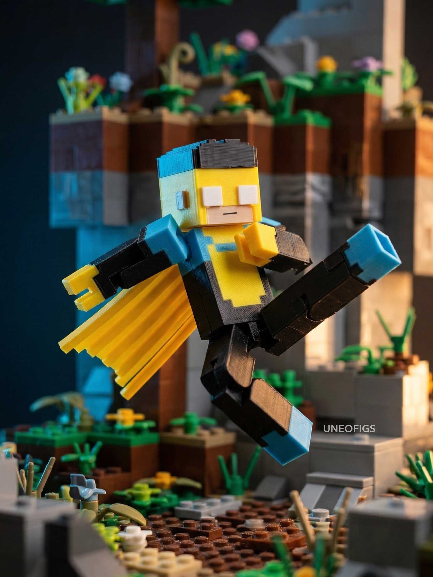 3D printed articulated voxel action figure of a superhero in a yellow and blue suit with a yellow cape, inspired by Invincible, posed in dynamic flying and combat stances within a blocky, pixelated biome.