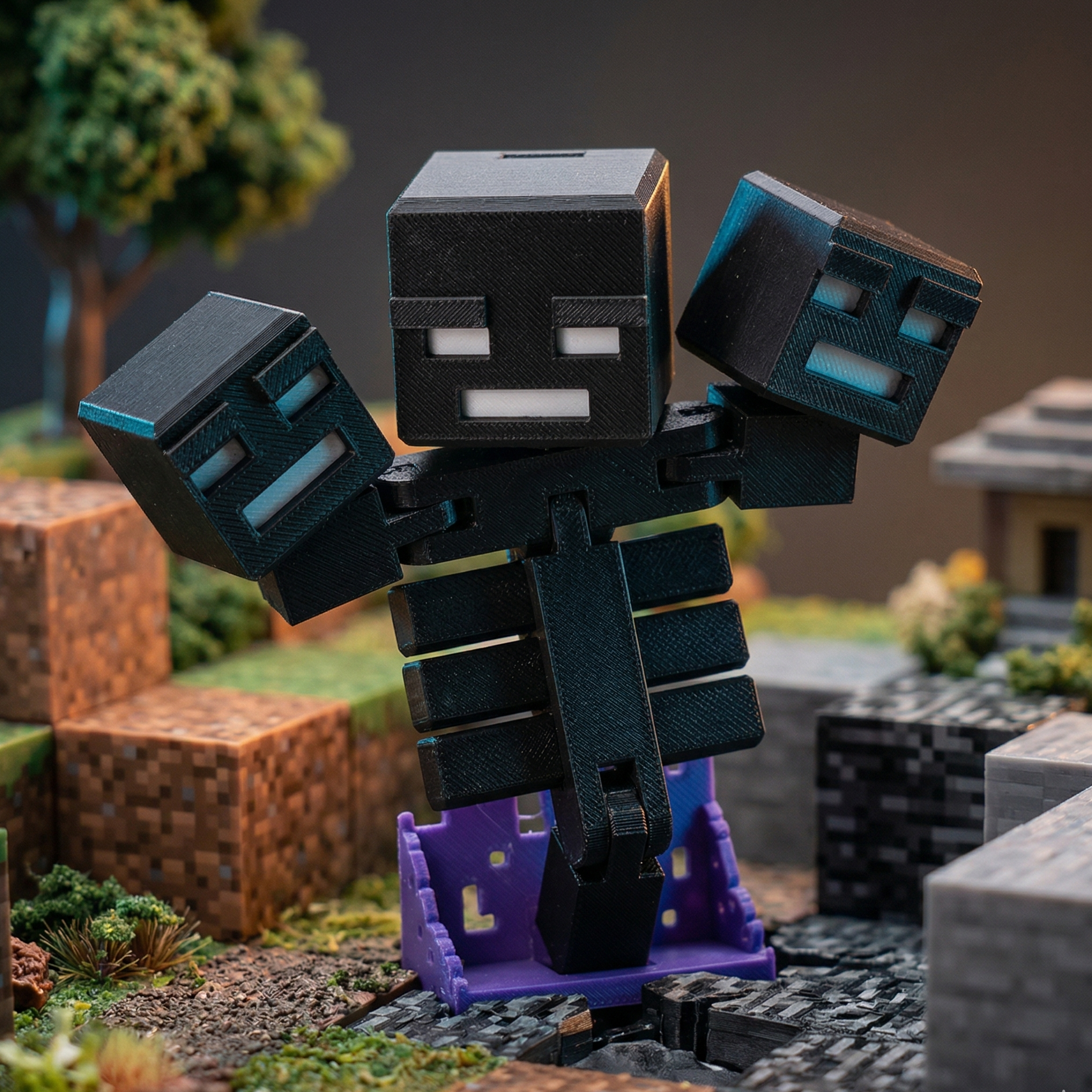 3D printed three-headed black voxel skeleton boss with white eyes and purple base, articulated joints, posed in a Nether-inspired blocky biome environment.