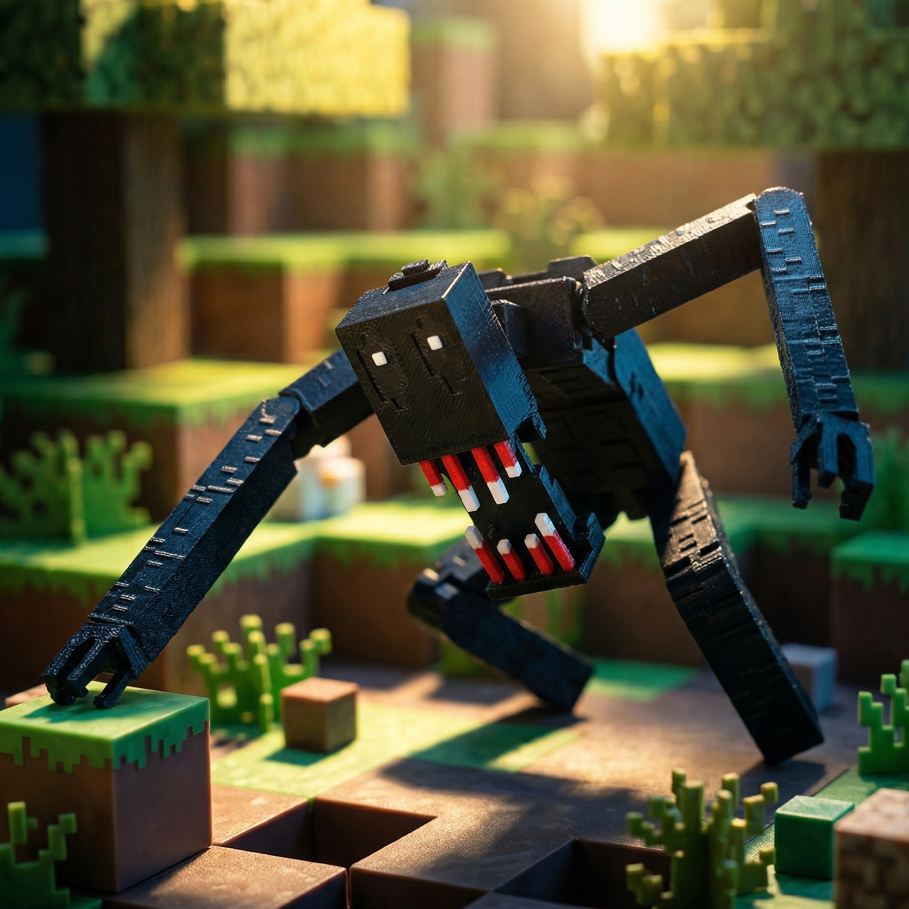 3D printed articulated voxel figure of a Crimson Fang Crawler in a quadrupedal lurking pose with red and white teeth and matte black finish.