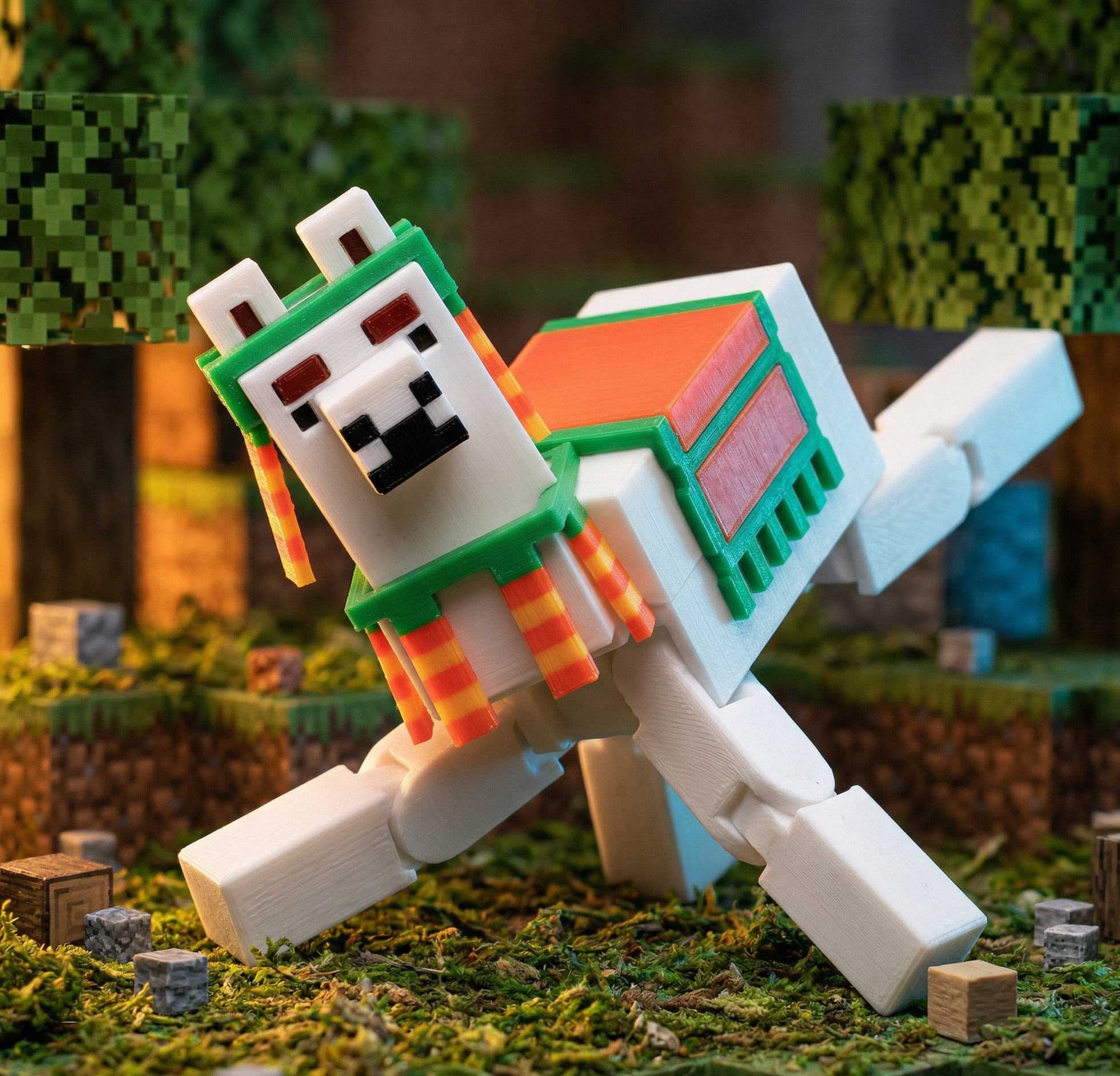 3D printed articulated black voxel action figure of Symbiote Voxel, featuring white spider markings and a red tongue, posed in a dark blocky cave biome.