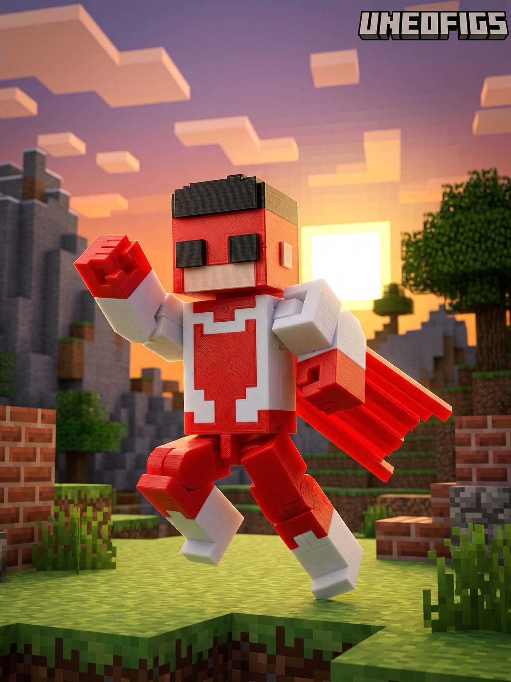 3D printed articulated voxel figures of superhero characters, including a blue and black suited hero (Invincible-style) and a red and white suited hero (Omni-Man style), posed in dynamic action stances within a blocky, pixelated mountain biome.