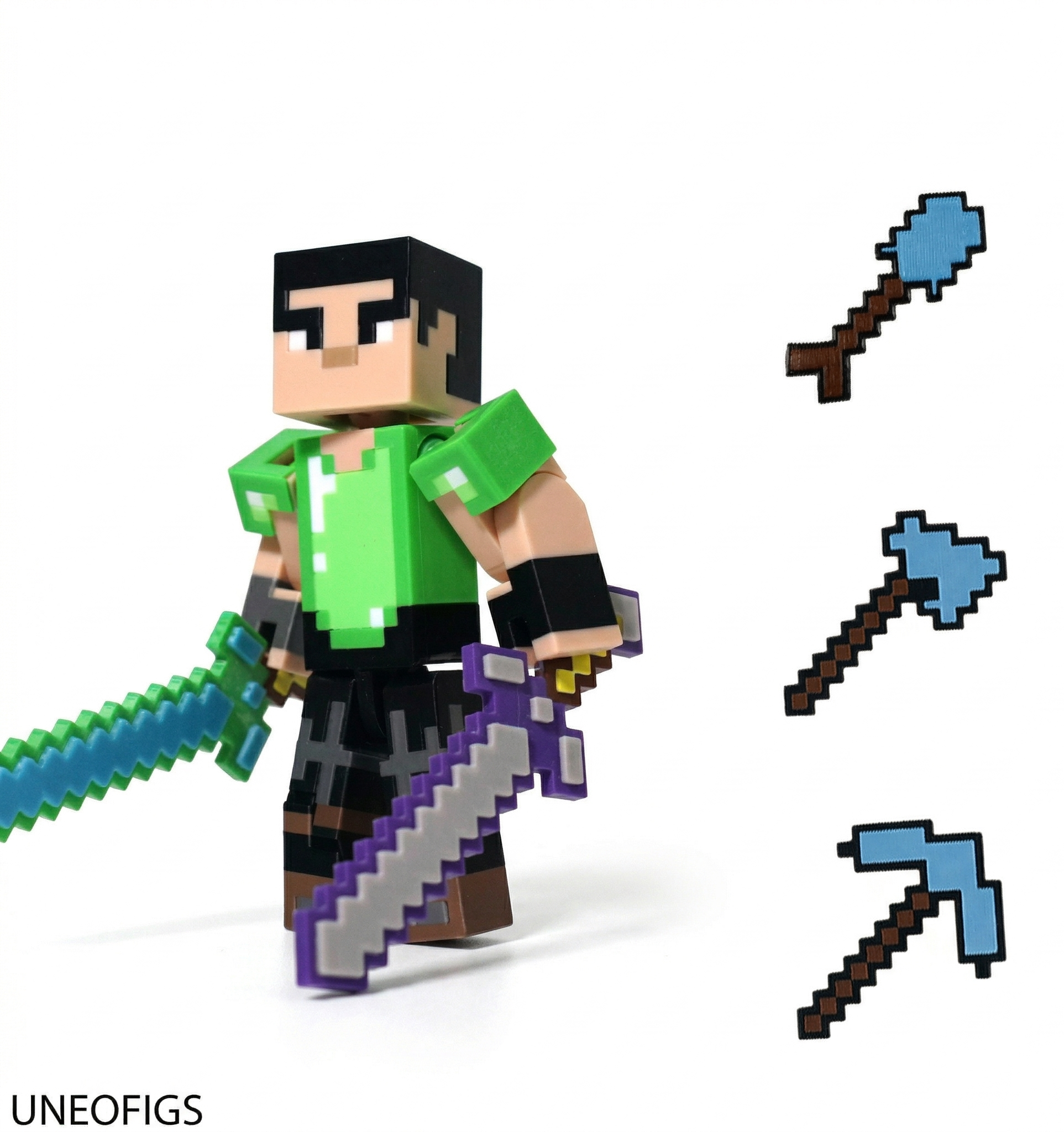 3D printed articulated voxel figure of a warrior in metallic lime green armor and tactical black pants, dual-wielding pixelated swords in a mid-air combat pose.