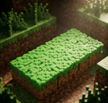 A 3D printed articulated voxel figure of a verdant grass biome slab with a pixelated texture and green and brown color palette, perfect for gaming desk decor.