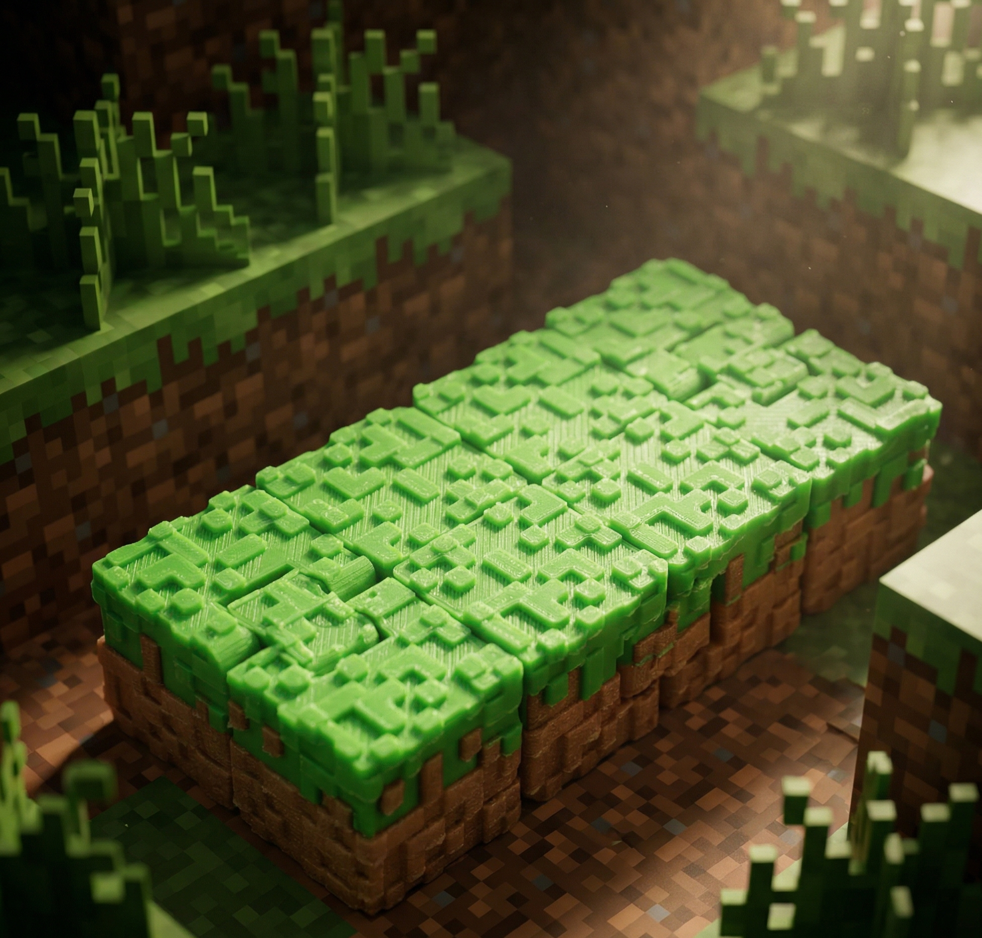 A 3D printed articulated voxel figure of a verdant grass biome slab with a pixelated texture and green and brown color palette, perfect for gaming desk decor.