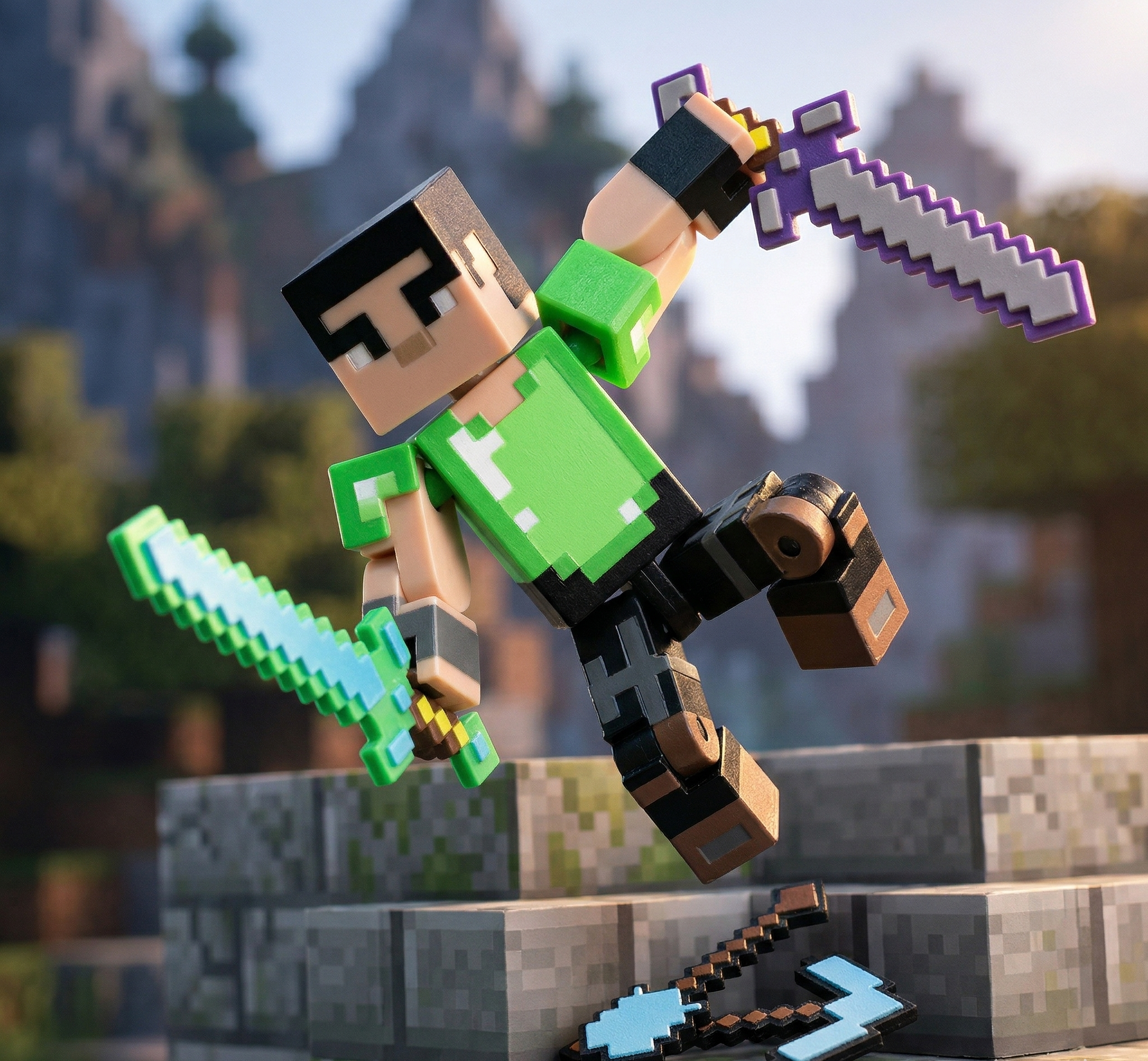 3D printed articulated voxel figure of a warrior in metallic lime green armor and tactical black pants, dual-wielding pixelated swords in a mid-air combat pose.