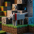 3D printed articulated voxel figure of a gray hound with a red collar, shown standing on a voxel grass biome and leaping toward a bone on a seamless white background.