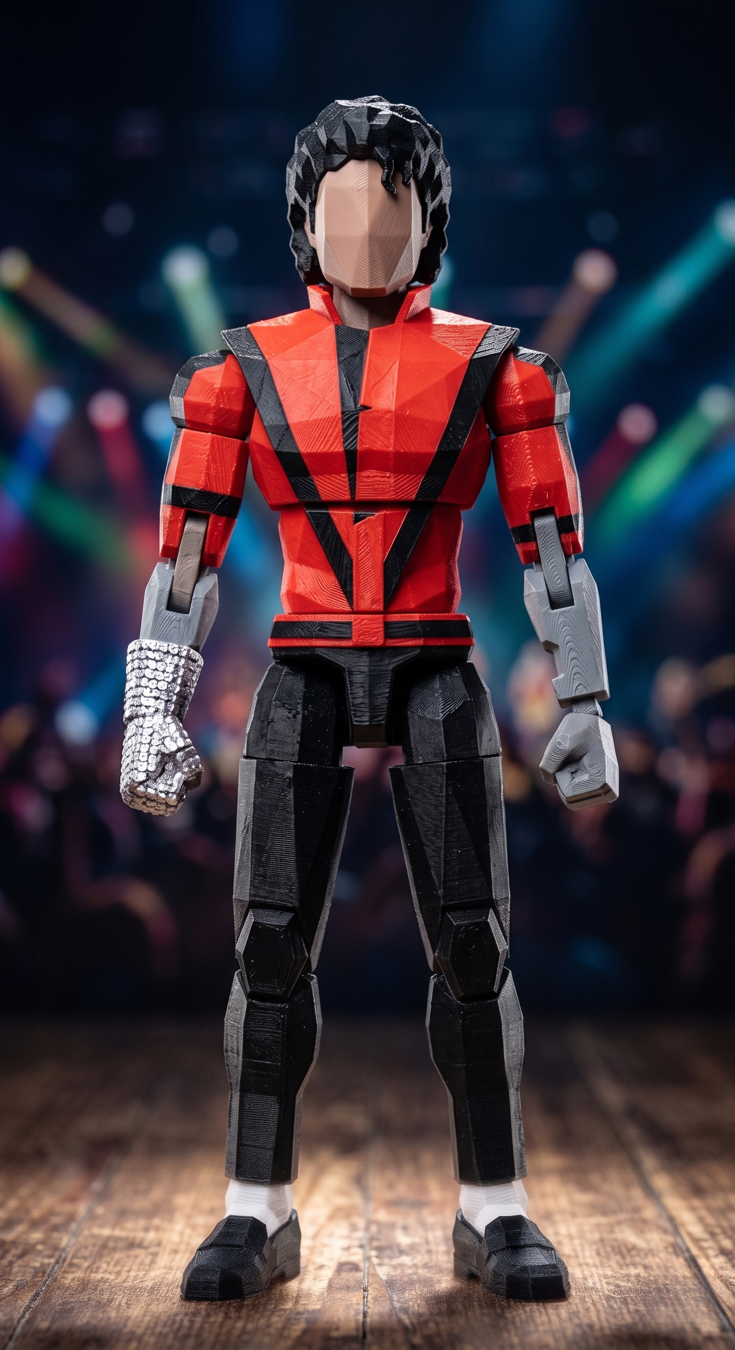 3D printed pop dance legend figure wearing red jacket with iconic glove on stage background