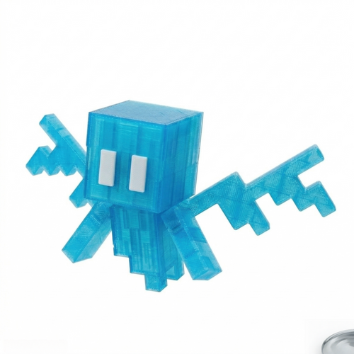 3D printed articulated voxel figure of a translucent cyan ethereal creature with wings hovering in a pixelated village biome.