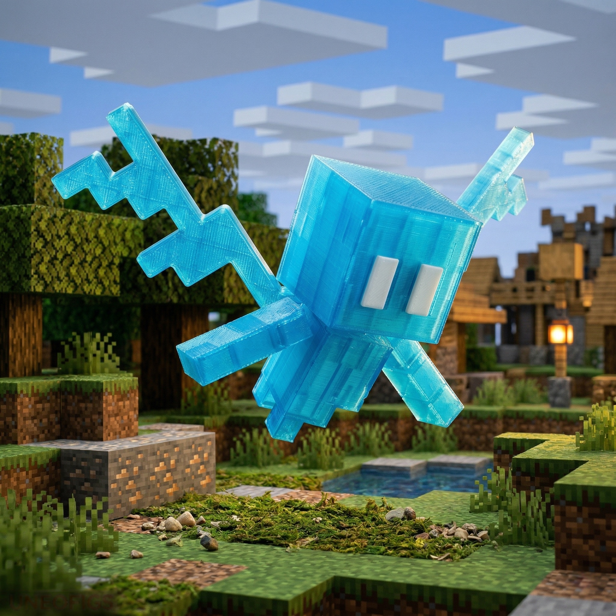 3D printed articulated voxel figure of a translucent cyan ethereal creature with wings hovering in a pixelated village biome.