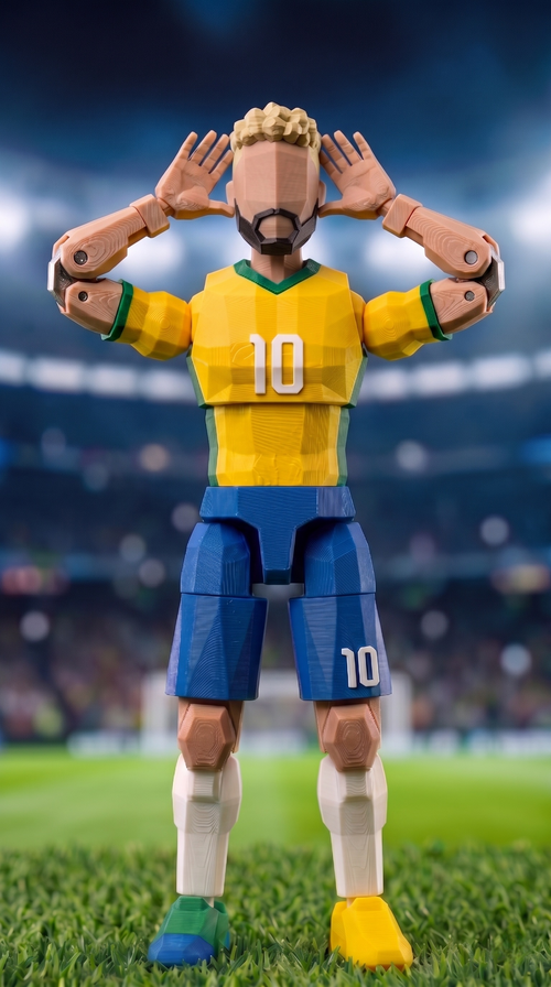 Neymar 3D printed action figure in Brazil #10 kit with hands-to-ears celebration for soccer memorabilia collectors