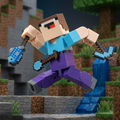 3D printed articulated voxel figure of a goofy character in a blue shirt and purple pants running through a pixelated forest biome with a fish and pickaxe.