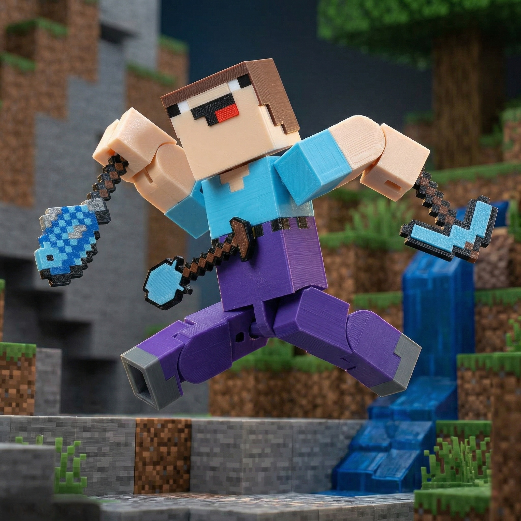 3D printed articulated voxel figure of a goofy character in a blue shirt and purple pants running through a pixelated forest biome with a fish and pickaxe.