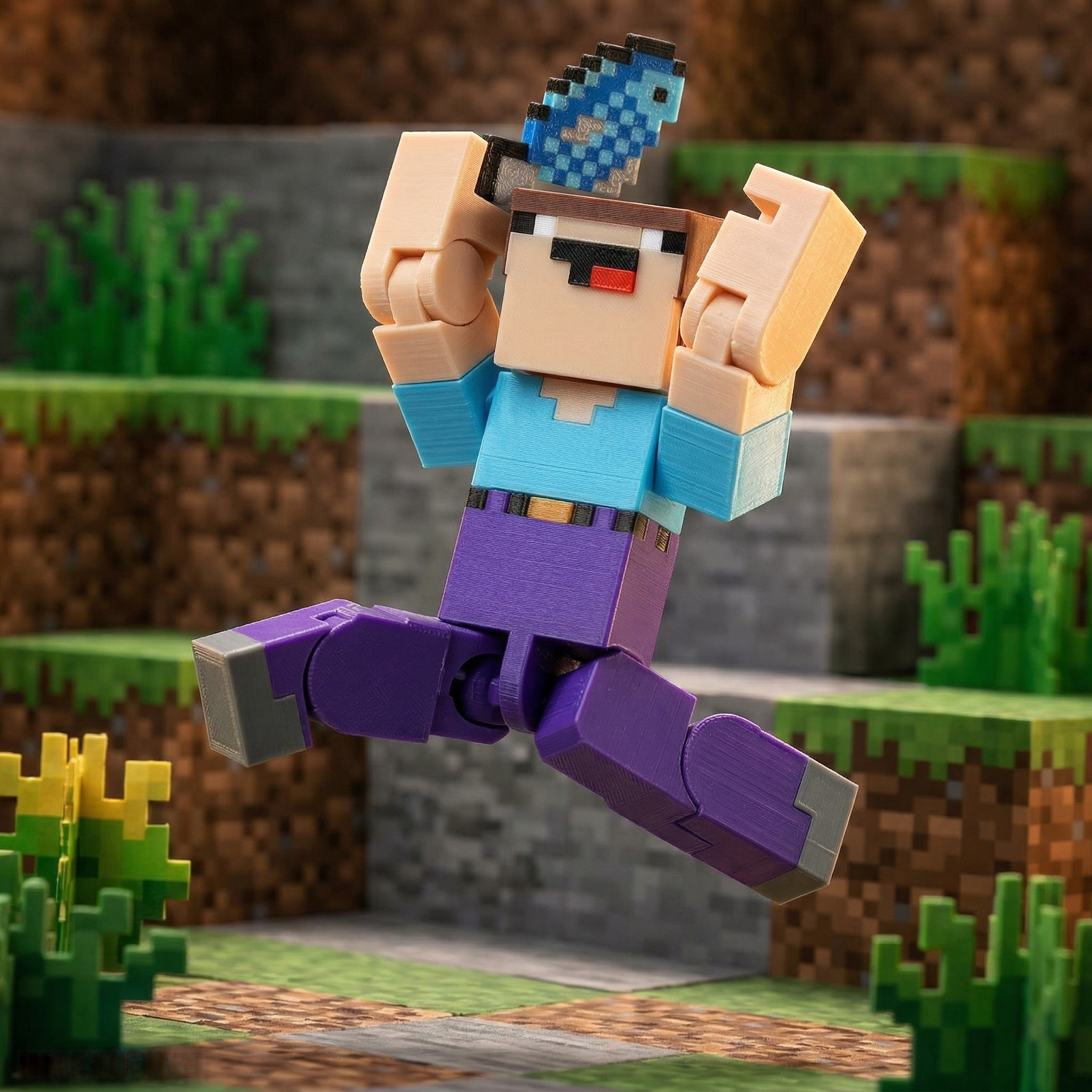 3D printed articulated voxel figure of a goofy character in a blue shirt and purple pants running through a pixelated forest biome with a fish and pickaxe.