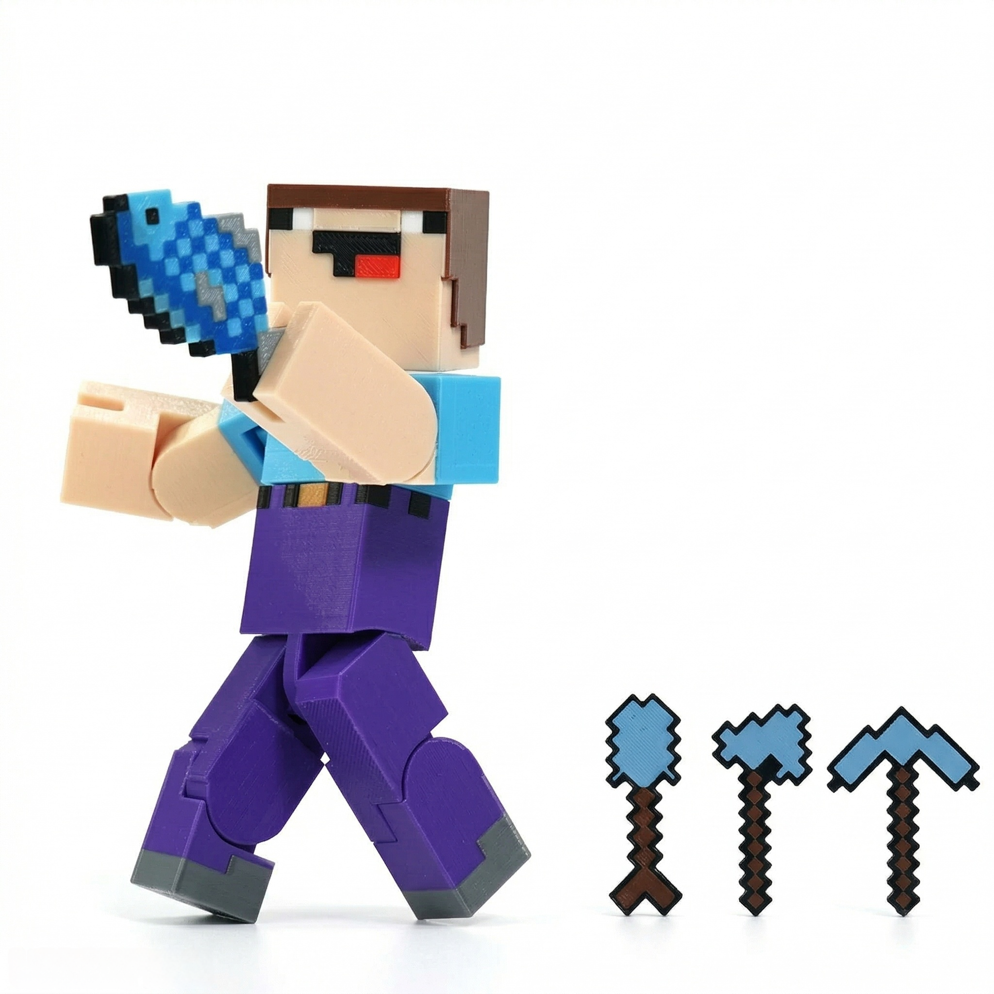 3D printed articulated voxel figure of a goofy character in a blue shirt and purple pants running through a pixelated forest biome with a fish and pickaxe.