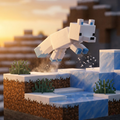 3D printed articulated voxel figure of a white arctic fox with blue accents leaping through a blocky snow biome.
