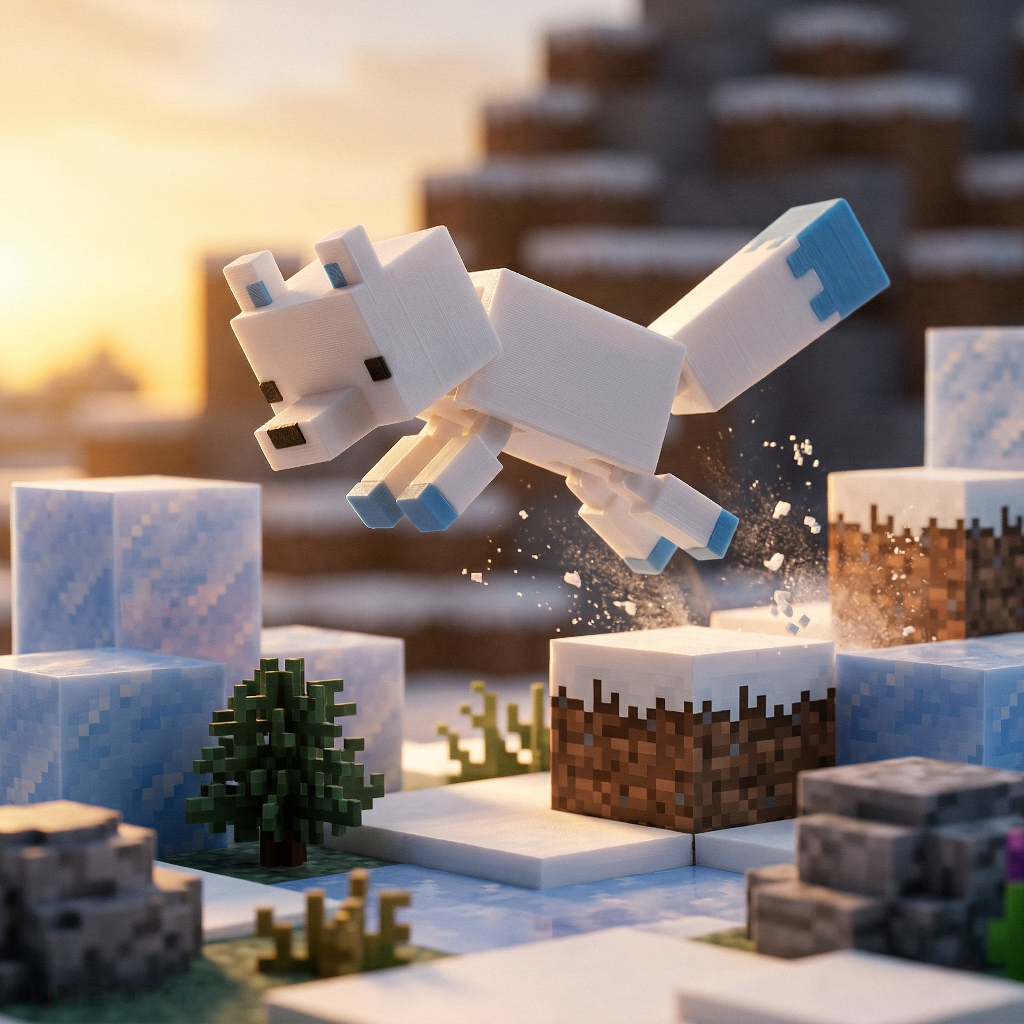 3D printed articulated voxel figure of a white arctic fox with blue accents leaping through a blocky snow biome.