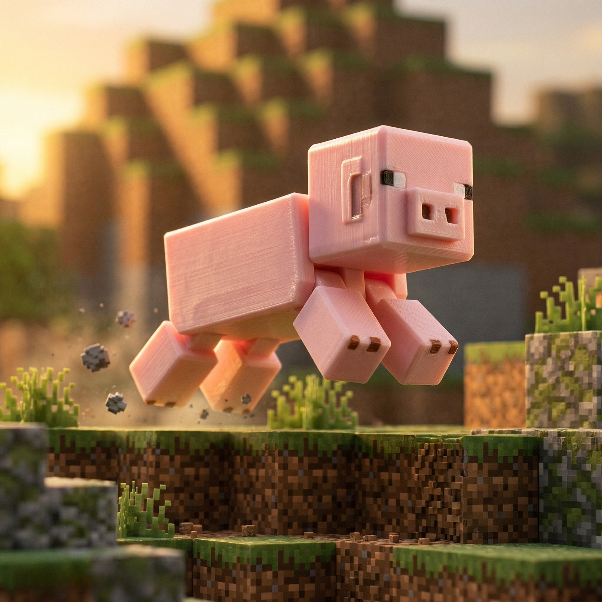 3D printed articulated voxel figure of a pink pixelated pig jumping through a blocky terrain biome, desk toy collectible