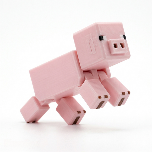 3D printed articulated voxel figure of a pink pixelated pig jumping through a blocky terrain biome, desk toy collectible